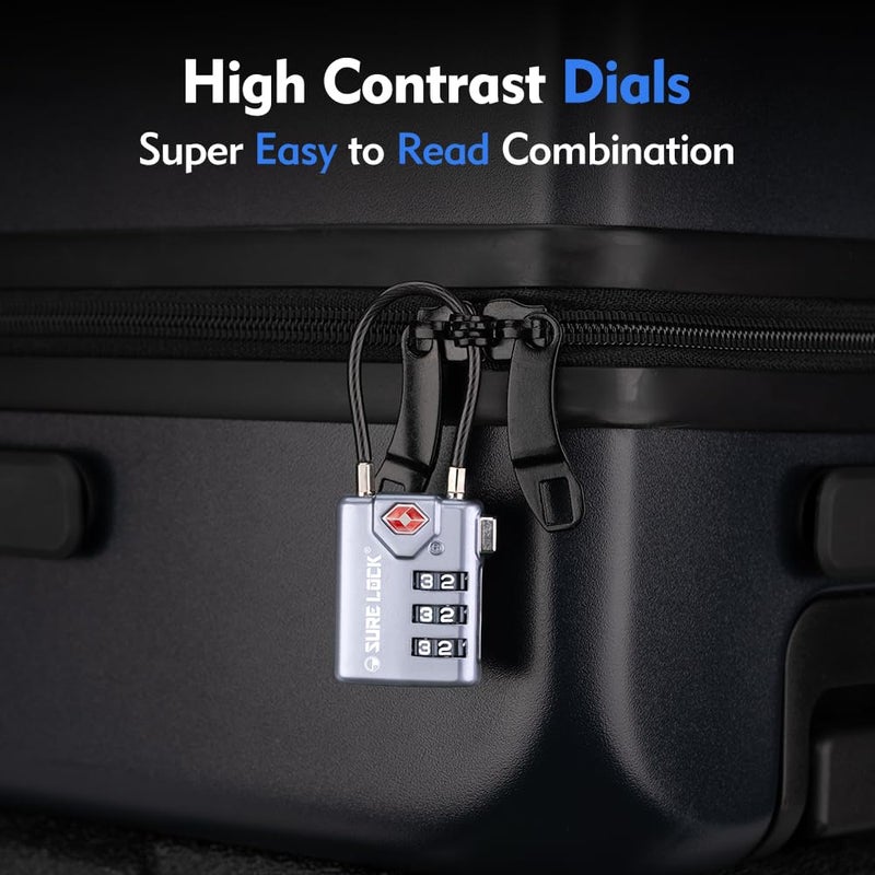 SURE LOCK أقفال حقائب السفر بترخيص TSA من SURE LOCK مع مؤشر تنبيه الفتح - أقفال سفر متينة من سبيكة الزنك مع قرص كبير سهل القراءة للحقائب والحقائب الرياضية (رمادي 4 عبوات) - Image 5